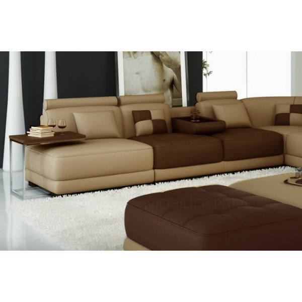 Canapé d'angle en cuir italien 6/7 places PETIT ELIXIR, beige et chocolat, angle droit
