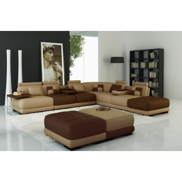 Canapé d'angle en cuir italien 6/7 places PETIT ELIXIR, beige et chocolat, angle droit