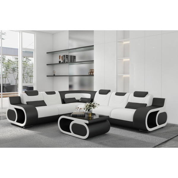 - Canapé d'angle en cuir italien 7 places LUXEMBOURG, blanc et noir, angle gauche