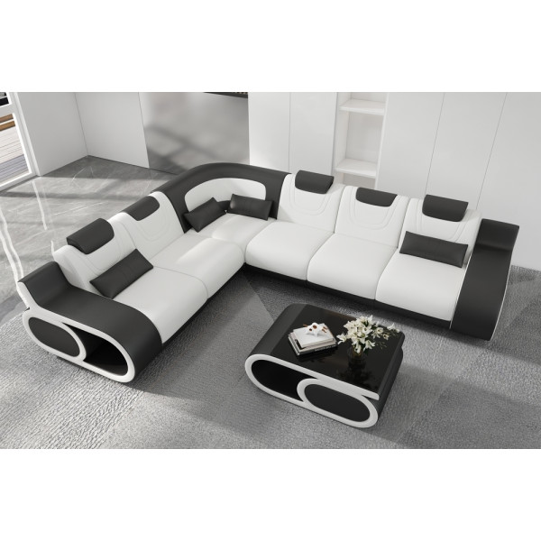 - Canapé d'angle en cuir italien 7 places LUXEMBOURG, blanc et noir, angle gauche