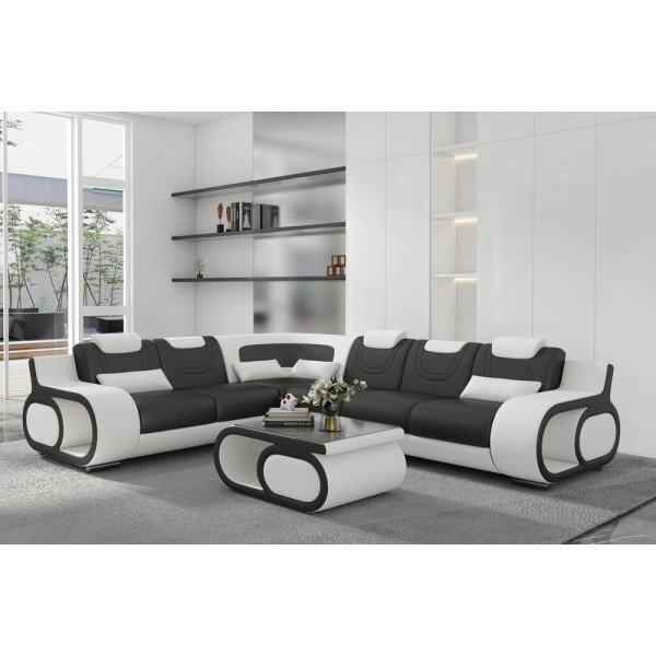 - Canapé d'angle en cuir italien 7 places LUXEMBOURG, noir et blanc, angle gauche