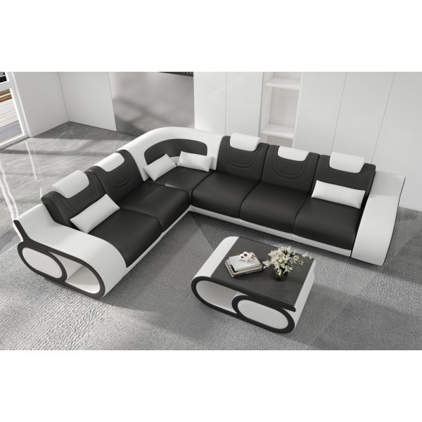 - Canapé d'angle en cuir italien 7 places LUXEMBOURG, noir et blanc, angle gauche