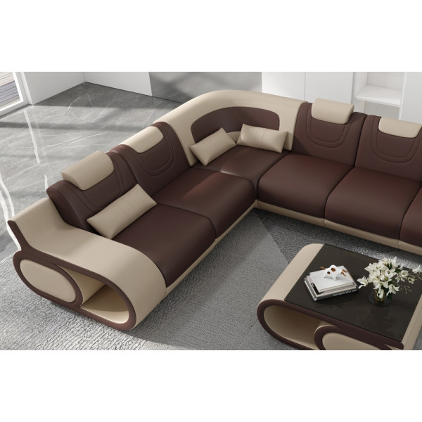 - Canapé d'angle en cuir italien 7 places LUXEMBOURG, chocolat et beige, angle gauche
