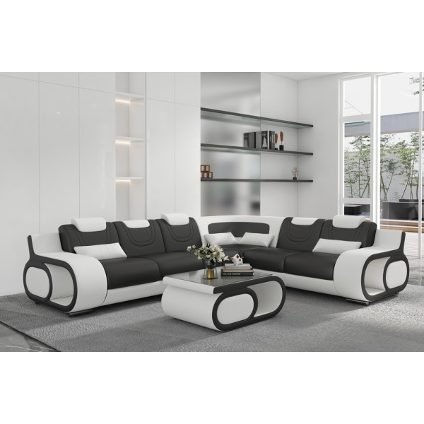 Canapé d'angle en cuir italien 7 places LUXEMBOURG, noir et blanc, angle droit
