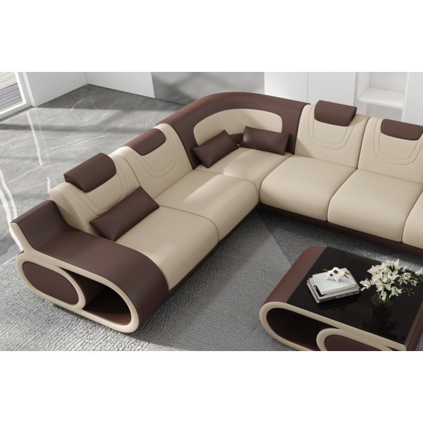 Canapé d'angle en cuir italien 7 places LUXEMBOURG, beige et chocolat, angle gauche