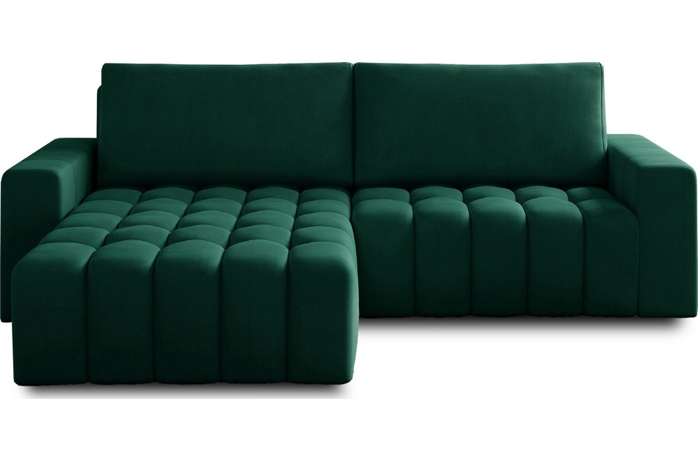Canapé d'angle convertible en velours luxe 5 places et coffre, vert, angle gauche (vu de face) BONO