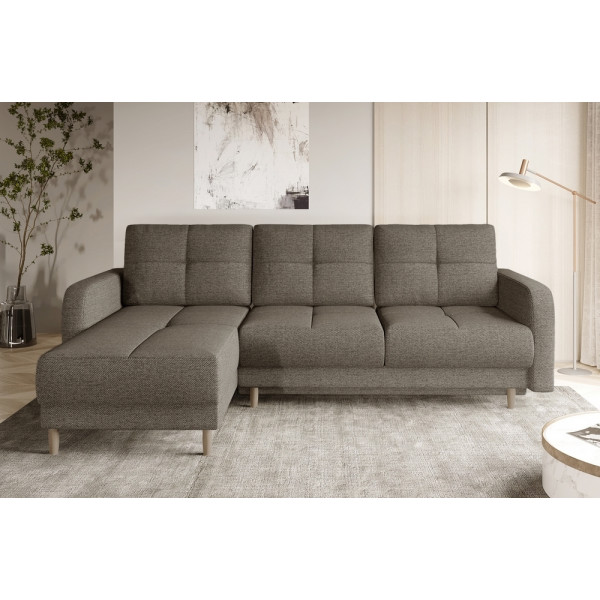 - Canapé d'angle convertible en tissu luxe, rangement - beige, angle gauche (vu de face), ROXANE