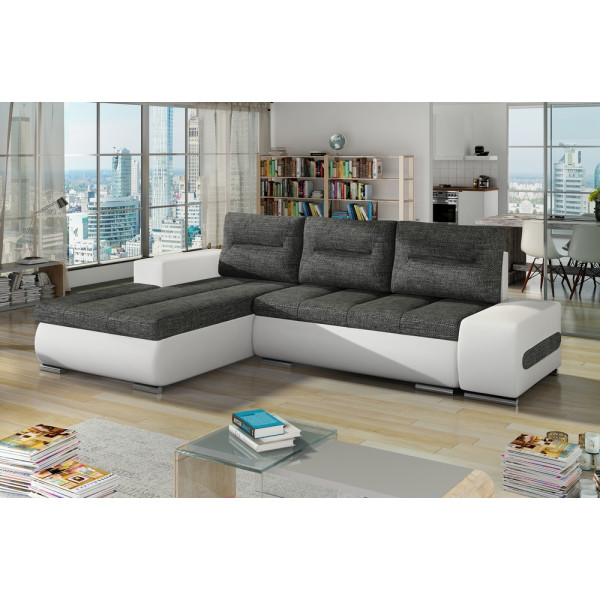 Canapé d'angle convertible en tissu luxe gris foncé et simili cuir blanc, 5 places, angle gauche (vu de face) - OTELLO