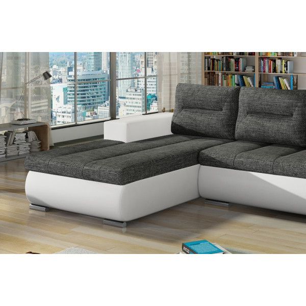 Canapé d'angle convertible en tissu luxe gris foncé et simili cuir blanc, 5 places, angle gauche (vu de face) - OTELLO