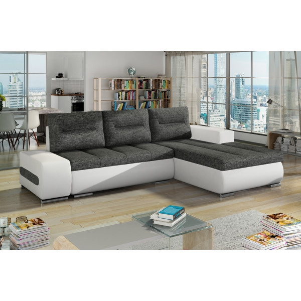 Canapé d'angle convertible en tissu luxe gris foncé et simili cuir blanc, 5 places, angle droit (vu de face) - OTELLO