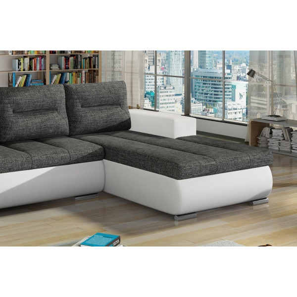 Canapé d'angle convertible en tissu luxe gris foncé et simili cuir blanc, 5 places, angle droit (vu de face) - OTELLO