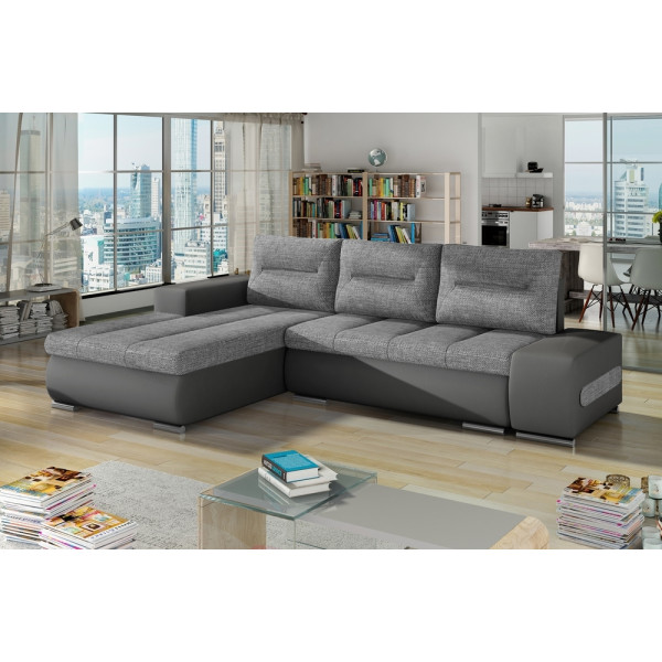 Canapé d'angle convertible en tissu luxe gris et simili cuir gris, 5 places, angle gauche (vu de face) - OTELLO