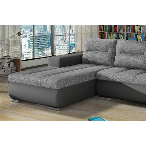 Canapé d'angle convertible en tissu luxe gris et simili cuir gris, 5 places, angle gauche (vu de face) - OTELLO