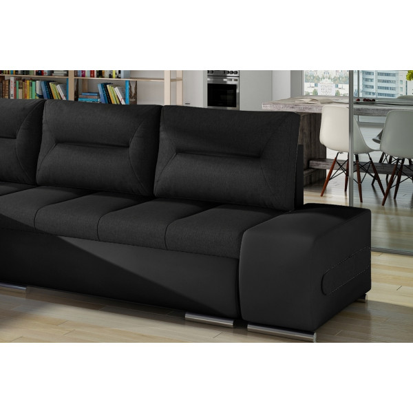 Canapé d'angle convertible en tissu luxe noir et simili cuir noir, 5 places, angle gauche (vu de face) - OTELLO