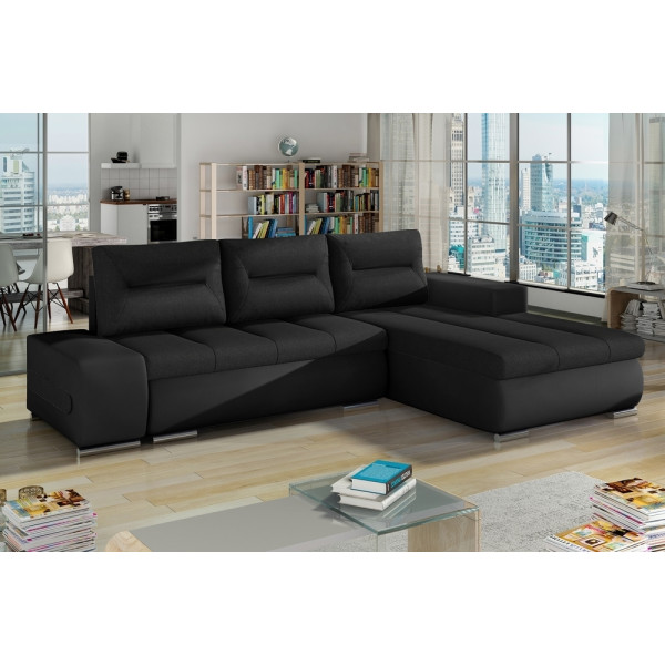 Canapé d'angle convertible en tissu luxe noir et simili cuir noir, 5 places, angle droit (vu de face) - OTELLO