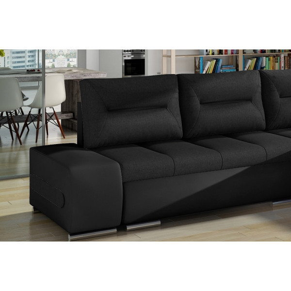 Canapé d'angle convertible en tissu luxe noir et simili cuir noir, 5 places, angle droit (vu de face) - OTELLO