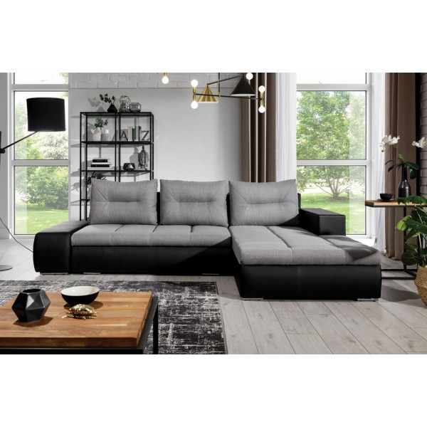 Canapé d'angle convertible en tissu luxe gris et simili cuir noir, 5 places, angle droit (vu de face) - OTELLO