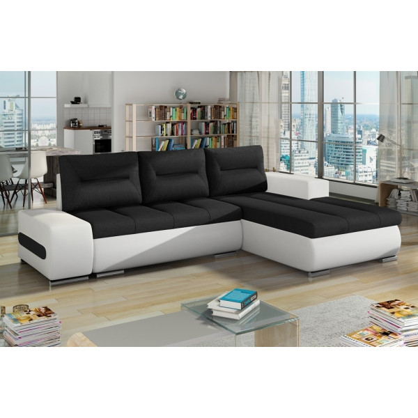 - Canapé d'angle convertible en tissu luxe noir et simili cuir blanc, 5 places, angle droit (vu de face) - OTELLO