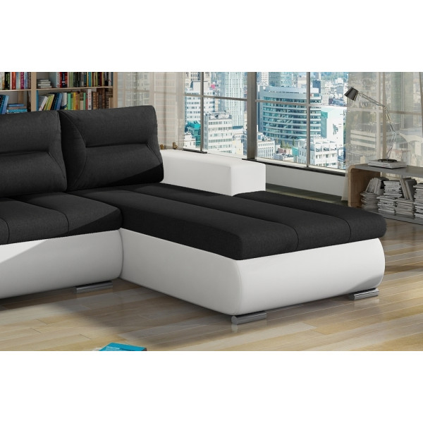- Canapé d'angle convertible en tissu luxe noir et simili cuir blanc, 5 places, angle droit (vu de face) - OTELLO