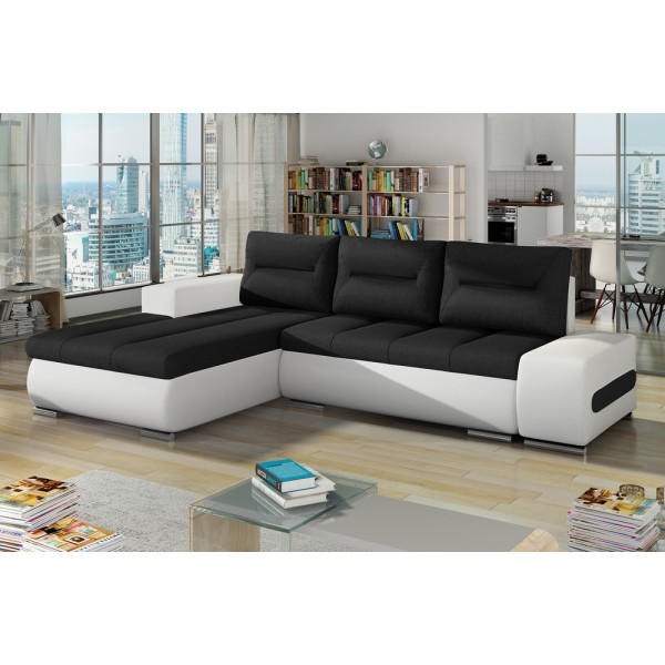 - Canapé d'angle convertible en tissu luxe noir et simili cuir blanc, 5 places, angle gauche (vu de face) - OTELLO