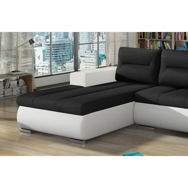 - Canapé d'angle convertible en tissu luxe noir et simili cuir blanc, 5 places, angle gauche (vu de face) - OTELLO