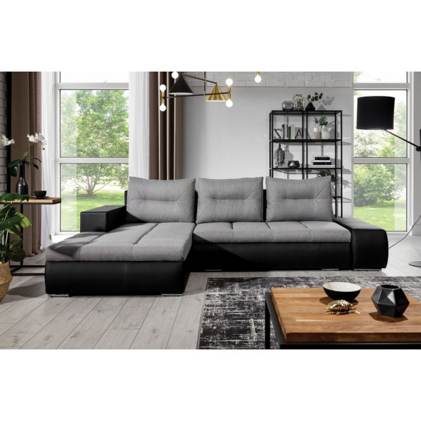 - Canapé d'angle convertible en tissu luxe gris et simili cuir noir, 5 places, angle gauche (vu de face) - OTELLO