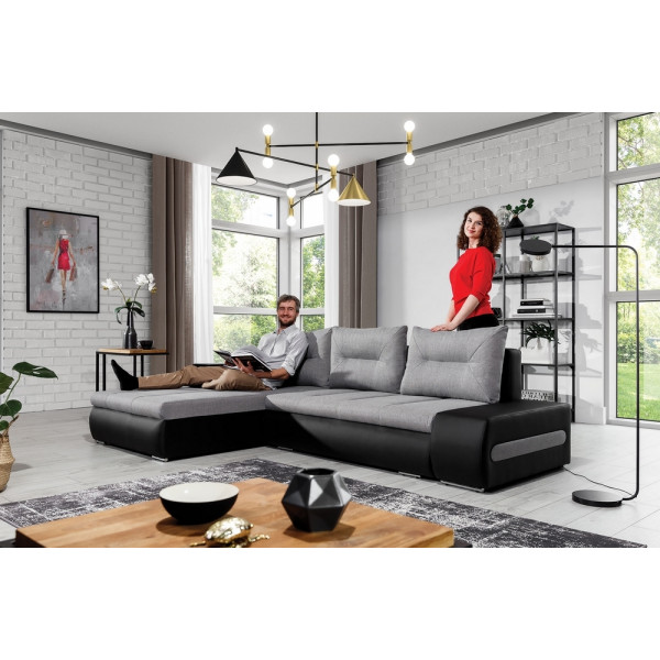 - Canapé d'angle convertible en tissu luxe gris et simili cuir noir, 5 places, angle gauche (vu de face) - OTELLO