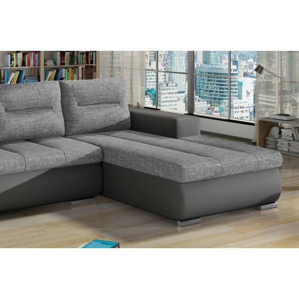 Canapé d'angle convertible en tissu luxe gris et simili cuir gris, 5 places, angle droit (vu de face) - OTELLO