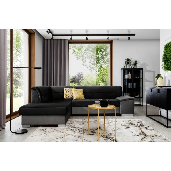 Canapé d'angle convertible en tissu luxe 5 places, avec coffre, noir et gris clair, angle gauche (vu de face), VERTU VELOURS