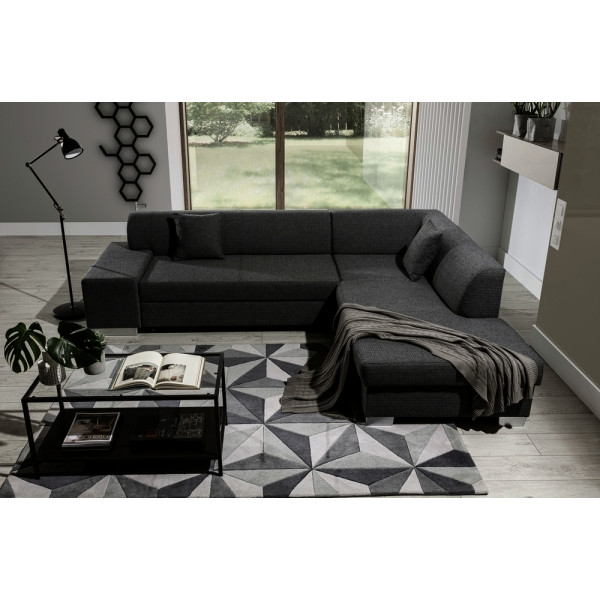 Canapé d'angle convertible en tissu luxe 5 places, coffre, noir, angle droit (vu de face), PORTOFINO