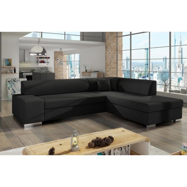 Canapé d'angle convertible en tissu luxe 5 places, coffre, noir, angle droit (vu de face), PORTOFINO