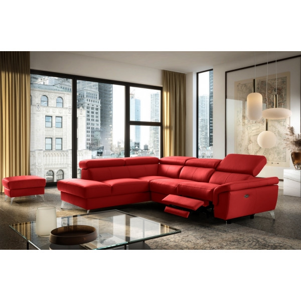 Canapé d'angle relax en 100% tout cuir de luxe italien, relax électrique et coffre 5/6 places SORENTO, rouge foncé, angle gauche