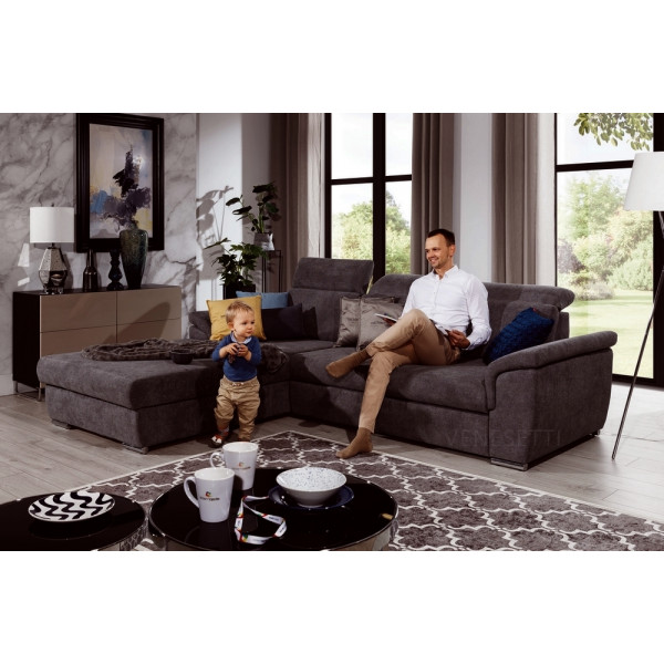 Canapé d'angle convertible en tissu Luxe, marron, 5 places, angle gauche (vu de face) , TRESOR