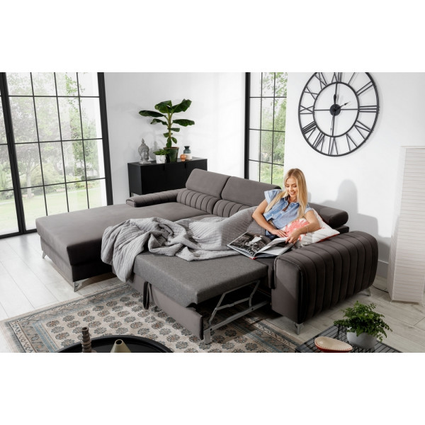 - Canapé d'angle convertible en tissu velours Luxe, chocolat, 5 places, angle gauche (vu de face) - GRECE VELOURS