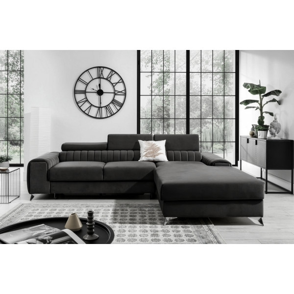 Canapé d'angle convertible en tissu velours Luxe noir, 5 places, angle droit (vu de face) - GRECE VELOURS