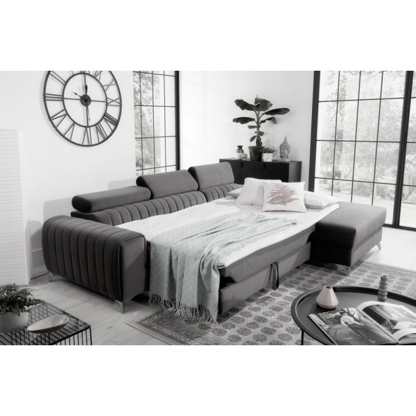 Canapé d'angle convertible en tissu velours Luxe gris, 5 places, angle droit (vu de face) - GRECE VELOURS