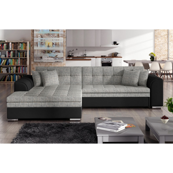 Canapé d'angle convertible en tissu gris foncé et simili noir de qualité, 5 places, angle gauche (vu de face) - SOHO