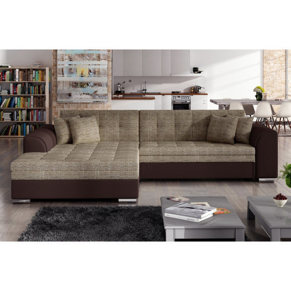 Canapé d'angle convertible en tissu beige et simili chocolat de qualité, 5 places, angle gauche (vu de face), SOHO