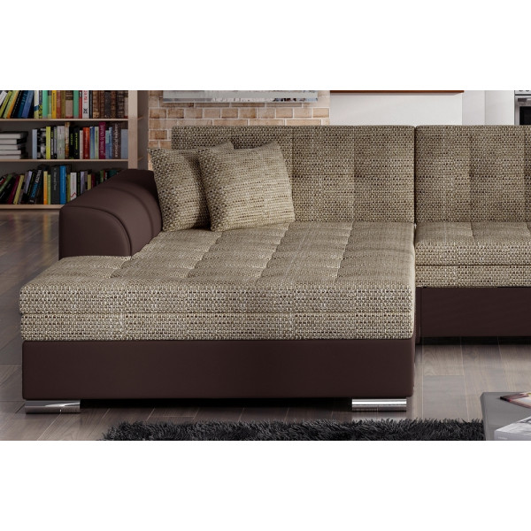 Canapé d'angle convertible en tissu beige et simili chocolat de qualité, 5 places, angle gauche (vu de face), SOHO
