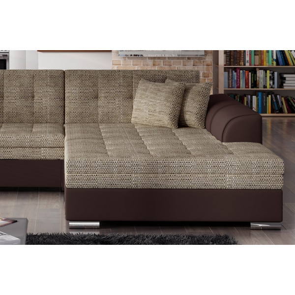 Canapé d'angle convertible en tissu beige et simili chocolat de qualité, 5 places, angle droit (vu de face), SOHO