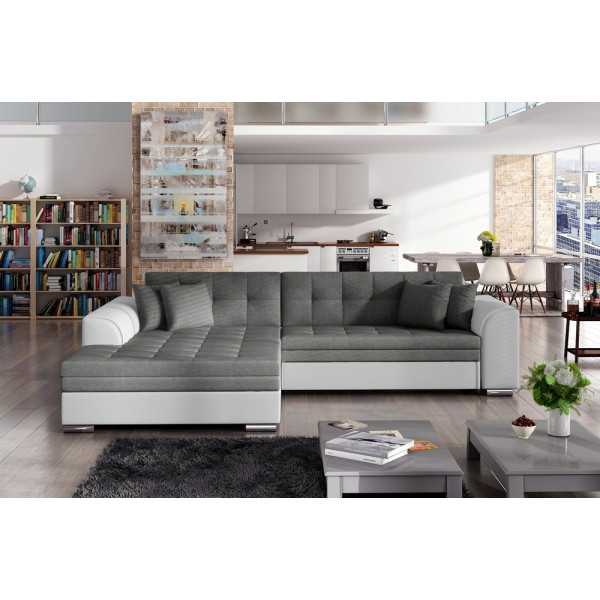 Canapé d'angle convertible en tissu gris foncé et simili blanc de qualité, 5 places, angle gauche (vu de face) - SOHO