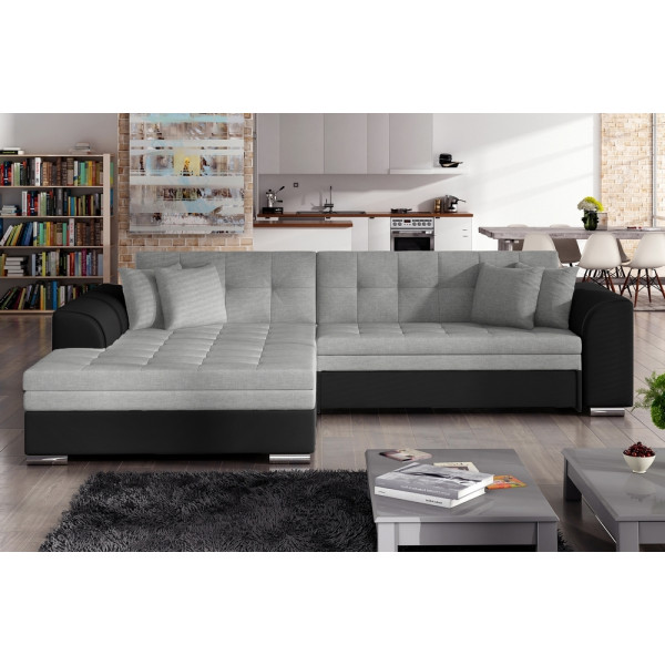Canapé d'angle convertible en tissu gris et simili noir de qualité, 5 places, angle gauche (vu de face) - SOHO