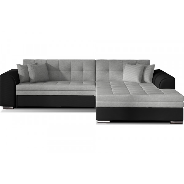 Canapé d'angle convertible en tissu gris et simili noir de qualité, 5 places, angle droit (vu de face) - SOHO