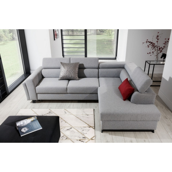 Canapé d'angle convertible - KARL - en tissu prestige - 5 places, gris , angle droit (vu de face)