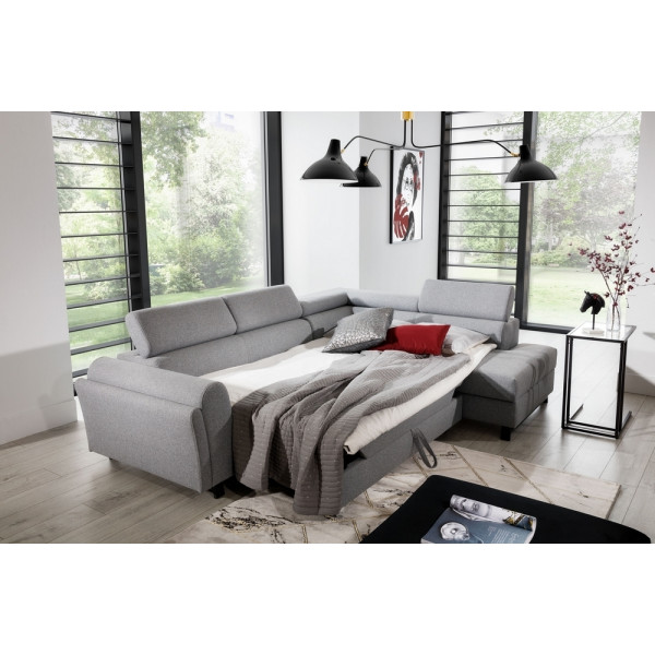 Canapé d'angle convertible - KARL - en tissu prestige - 5 places, gris , angle droit (vu de face)