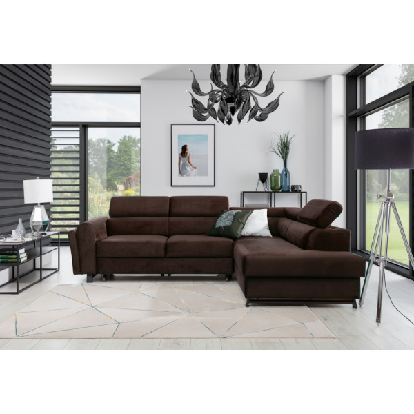 Canapé d'angle convertible - KARL VELOURS - en tissu prestige, 5 places, chocolat, angle droit (vu de face)