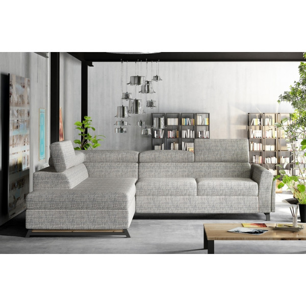 Canapé d'angle convertible - KARL - en tissu luxe - 5 places, gris, angle gauche (vu de face)