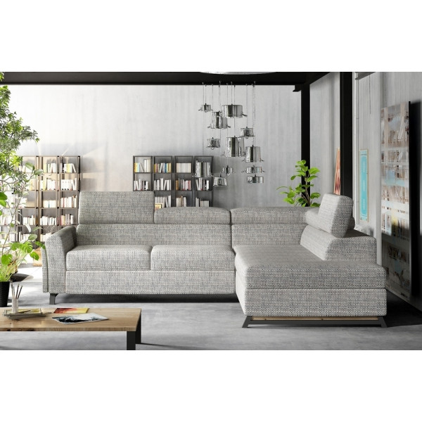 Canapé d'angle convertible - KARL - en tissu luxe 5 places, gris, angle droit (vu de face)