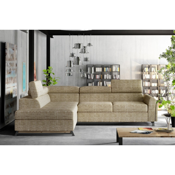 Canapé d'angle convertible - KARL - en tissu luxe 5 places, beige, angle gauche (vu de face)