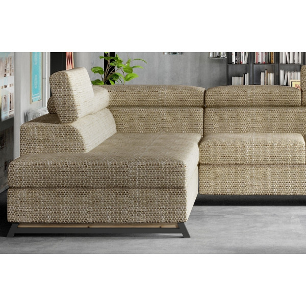 Canapé d'angle convertible - KARL - en tissu luxe 5 places, beige, angle gauche (vu de face)